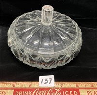 INTERSTING CLEAR PRESSED GLASS COVERED DISH