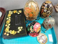 NESTING DOLL, EGG BOXES, TOLE PAINTED TIN