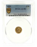 1853 US LIBERTY HEAD $1 GOLD COIN PCGS AU58