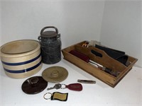 Small Crock, Wooden Tool Box, small metal