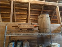 Maytag fruit jar and wooden barrel. Top shelf of