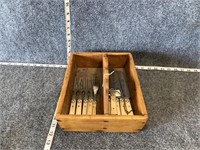 Old Forks and Knives in Wooden Tray