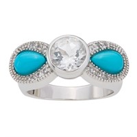 Silver Turquoise & White Topaz Bow Ring-SZ 6
