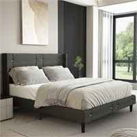 Queen Bed Frame  Tufted Wingback  Dark Grey