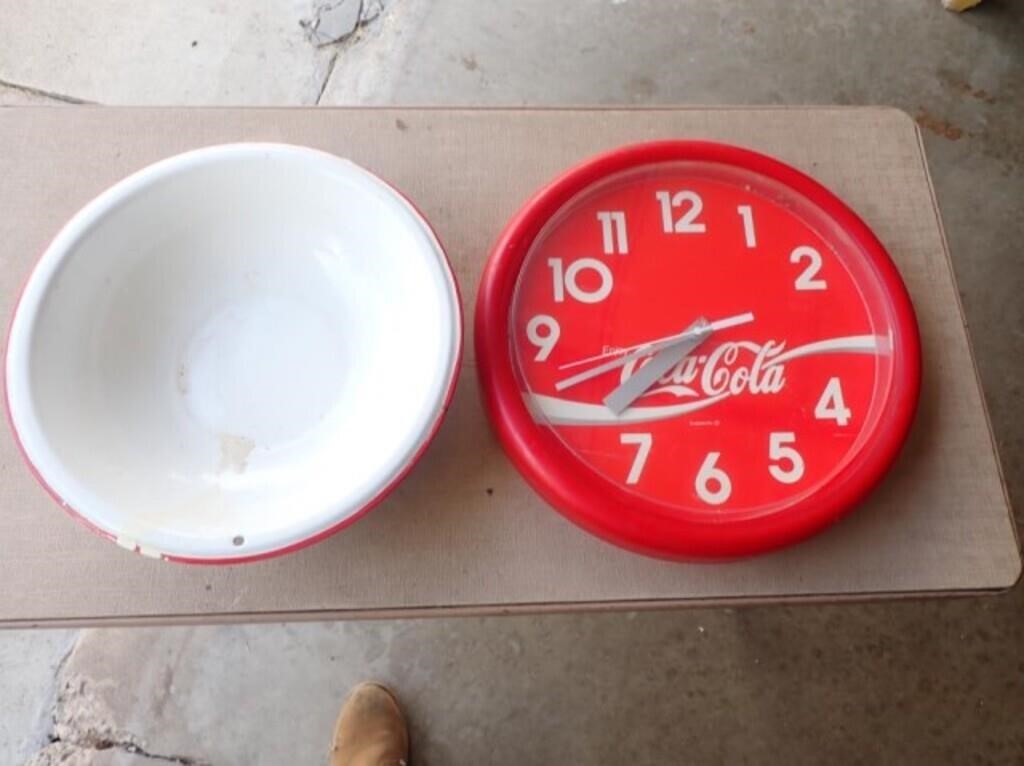 Enamel Bowl - 12" Diameter, Coca Cola Batt. Clock