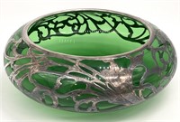 Art Nouveau Sterling Overlay Green Glass Bowl