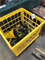 Yellow milk crate, 7-up bottles