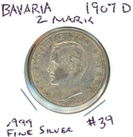 German 1907D Bavaria 2 Mark - .999 Fine Silver,