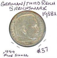 German 1938A 5 Reichsmark - .999 Fine Silver, XF,