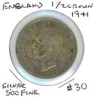 1941 English 1/2 Crown - Silver .500 Fine