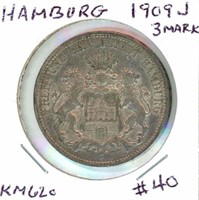 German 1909J Hamburg 3 Mark - Silver, Nice