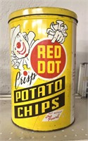 Red dot crisp potato chips, vintage metal can