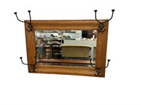 Oak beveled mirror with hat hooks