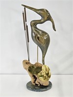 CARVED WOOD HERON WITH DRIFTWOOD & BRASS