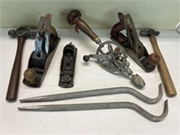 Tool lot - planes, hand drill, ball pein hammers