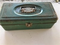 Vintage metal fishing or tackle box and contents