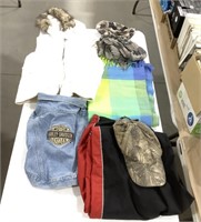 Clothing lot w/ scarves, hats, and dog coat