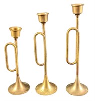 Three Brass Trumpet Candle Holders