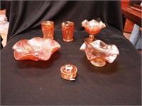 Six pieces of vintage marigold carnival glass: