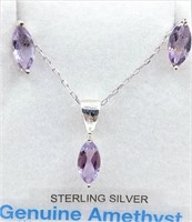 Sterling Silver 7x4mm Genuine Amethyst Earrings &
