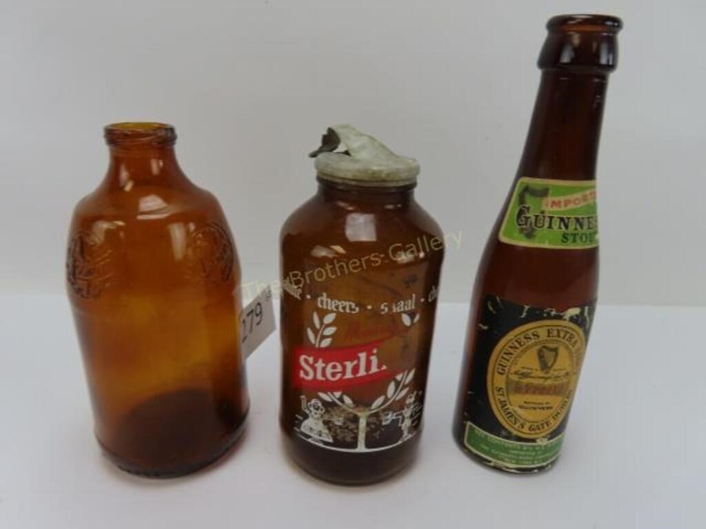 3 Beer Bottles, Amber, 1w/Original Pull Tab Top