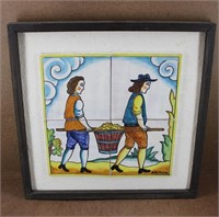 Painted Farmer Tile Art Framed Signed