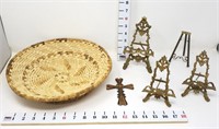 (4) Tabletop Easels, Woven Basket & Cross