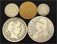 (5) 1826-1912 US Coins: Capped Bust, Barber & More