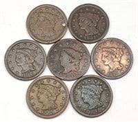 (7) 1800s Coronet & Braided Large Cent US Coins