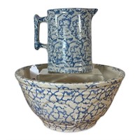 Antique Primitive Sponge Ware Pottery Pitcher Bowl