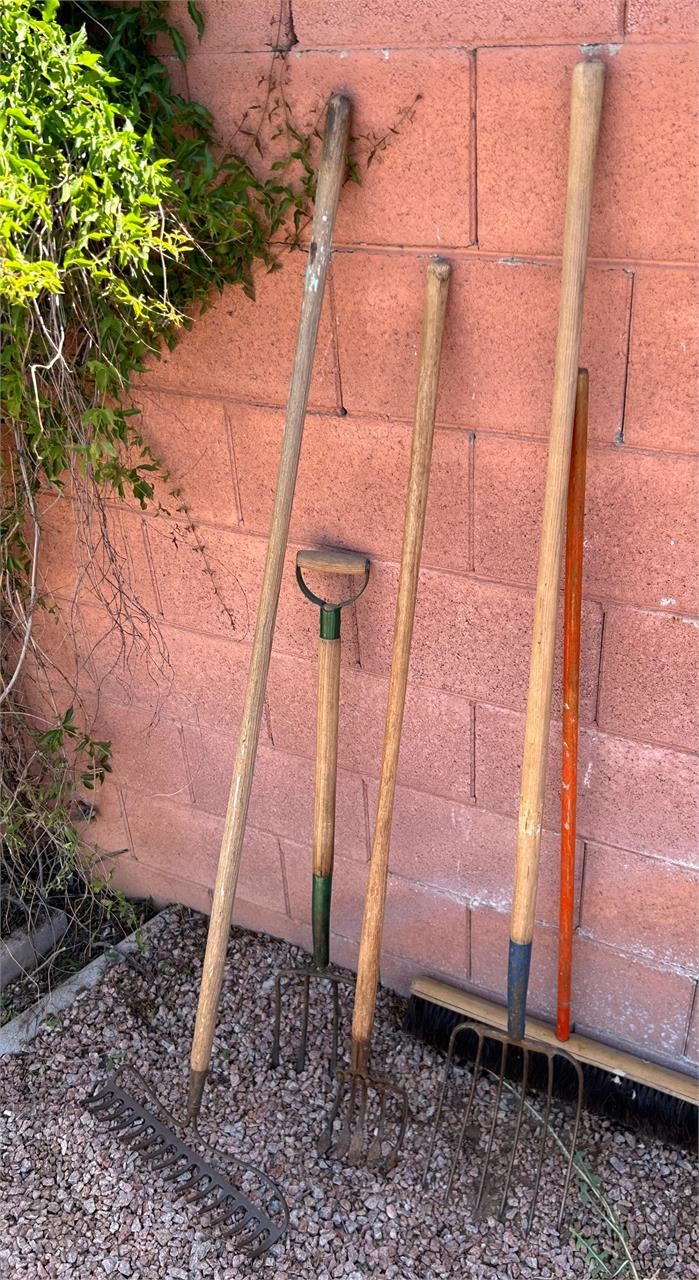 Wood Handled Pitch Forks, Push Broom +