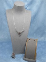 Sterling Silver Garnet Ring, Earrings Necklace Set