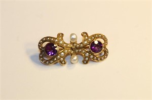 Antique seed pearl, amethyst C-clasp pin, 1”, 2g,