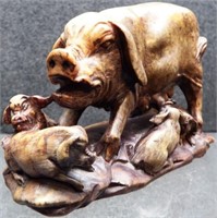 Carved Stone Sow Pig with Feeding Piglets