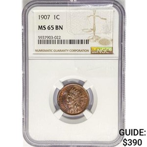 1907 Indian Head Cent NGC MS65 BN