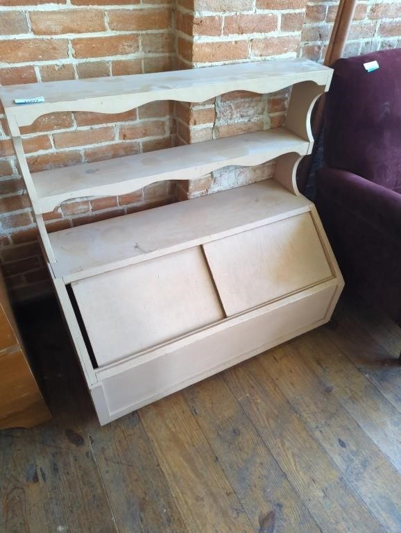 Antique toy box with sliding doors and shelf