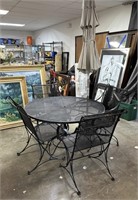 IRON PATIO TABLE LOT W UMBRELLA & STAND