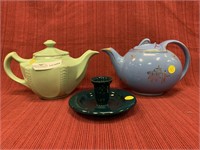 3 Unmatched Hall Ware, 2 tea pots, candlestick