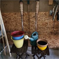 Two Tiki Torches, Yard Rake, Plastic Flower Pots