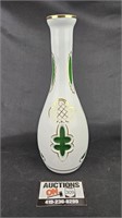 German White Overlay Cut To Emerald Glass Vase