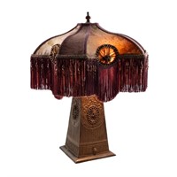 Early 20th C Bronze Patinated Table Lamp w Fringe