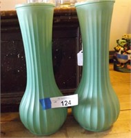 Pair of Light Green Jeannette Ribbed Vases Tall