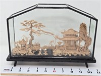Hand Carved Cork Scene w/Pagoda & Storks