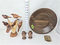 Walnut Bowl & Salt/Pepper & Carved Bird Figure