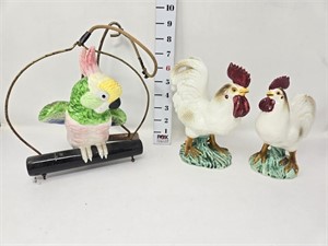 Parrot Hanging Planter & Chicken Figurines