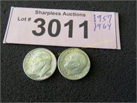 Uncirculated 1957 and 1964 Roosevelt silver dimes
