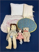 Placemats, bowl cover, cloth dolls, have stains