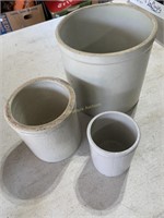 3 Small Crocks, unsigned, largest about 7” tall