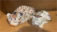 2 Japanese Kutani porcelain sleeping cats - both