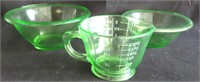 Green Vaseline Glass: (2) Bowls and Measure Cup